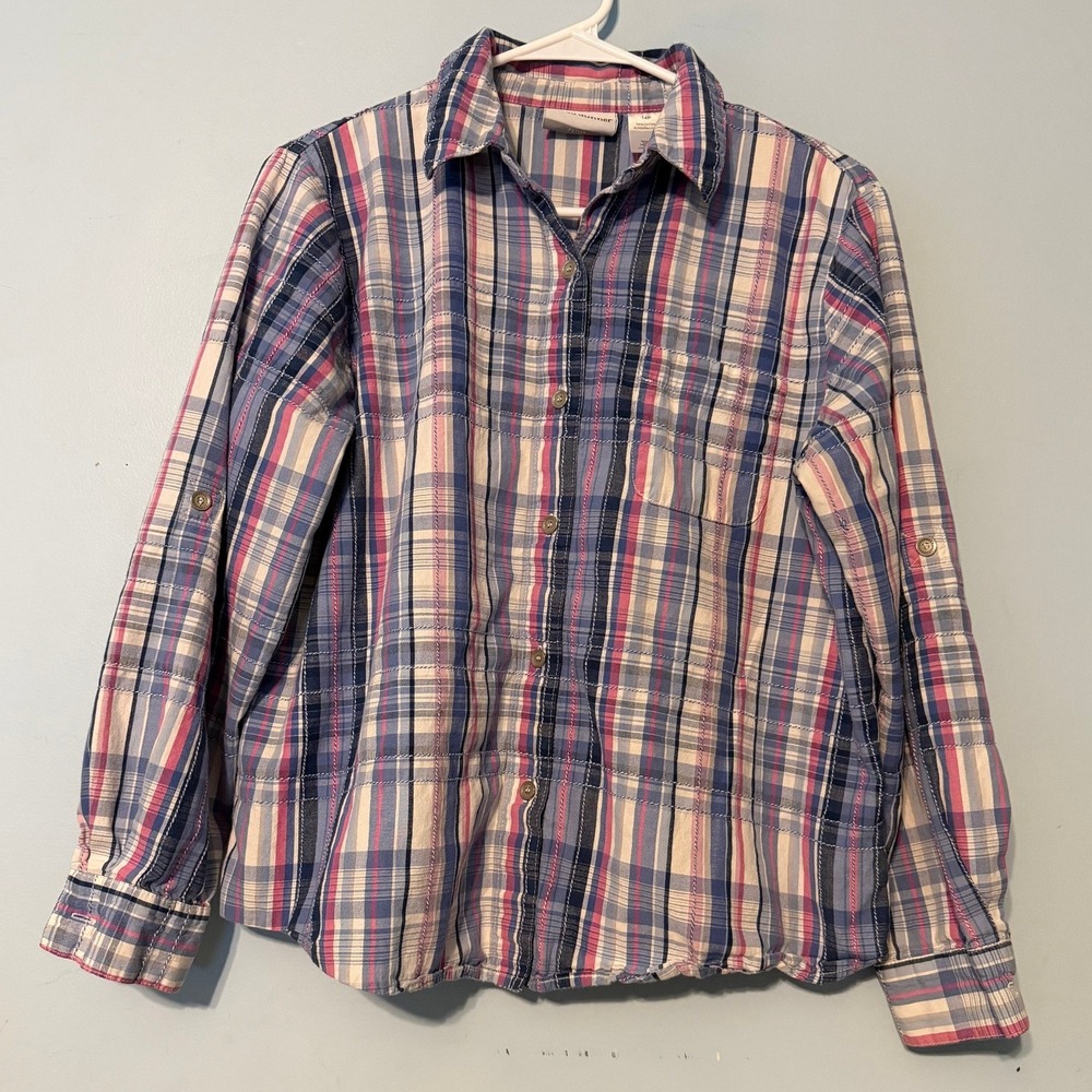 Alfred Dunner Petite 14 Plaid Button Down Shirt Blue Pink Cotton Roll Tab 2094